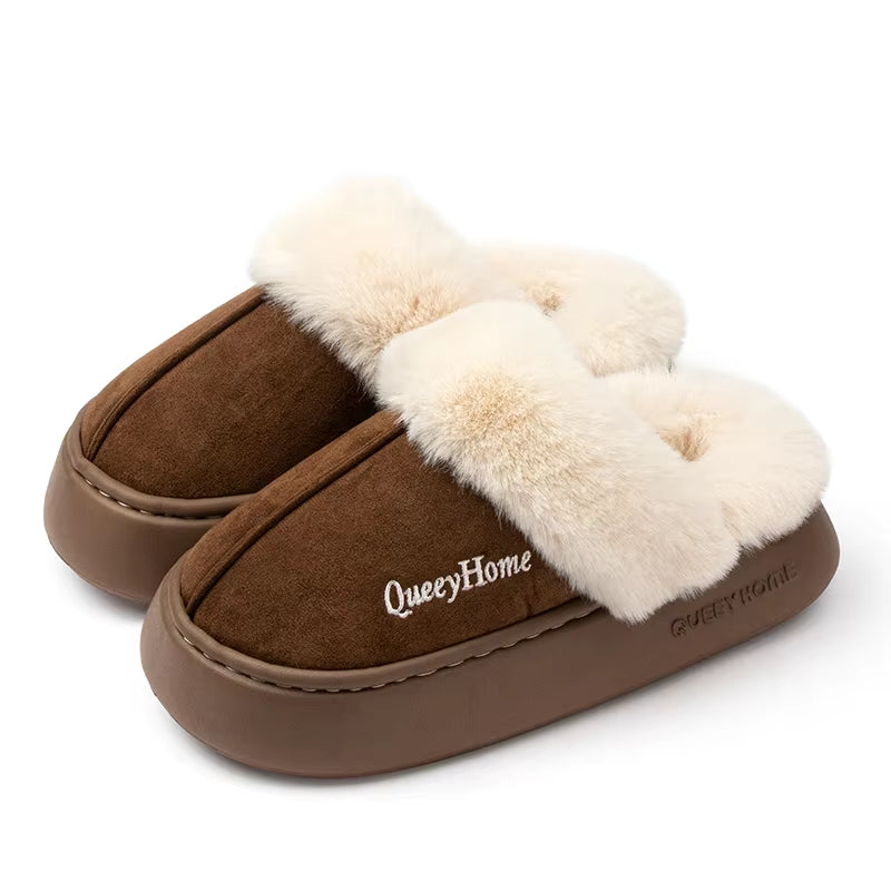 Queeyhome Winter Women Flat-Bottomed Plush Commute Solid Color Versatile Cotton Slippers Warm Cozy Indoor-Outdoor Man Shoes