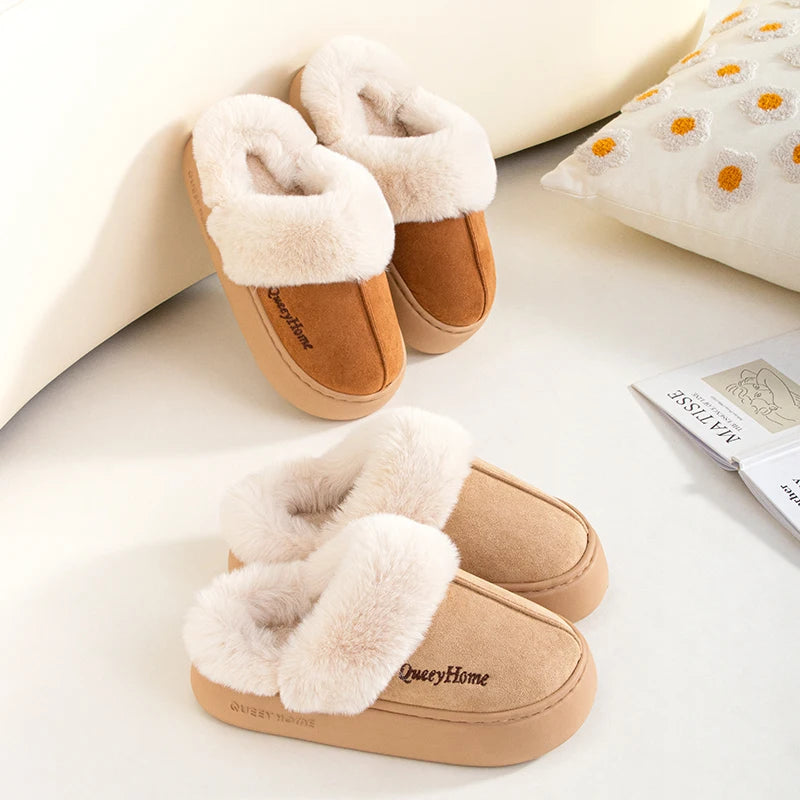 Queeyhome Winter Women Flat-Bottomed Plush Commute Solid Color Versatile Cotton Slippers Warm Cozy Indoor-Outdoor Man Shoes