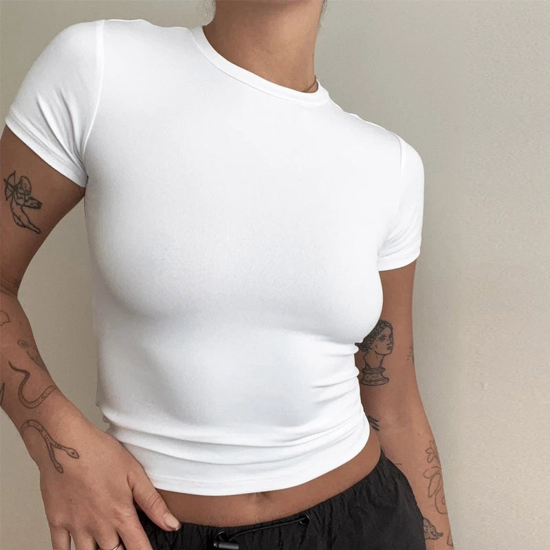 Woman Clothing Short Sleeve T-Shirt Slim Fit Tops Female O-Neck Knitted Sheath Tee Shirt Street Wear Sex Sporty 2024 Y2K New2410