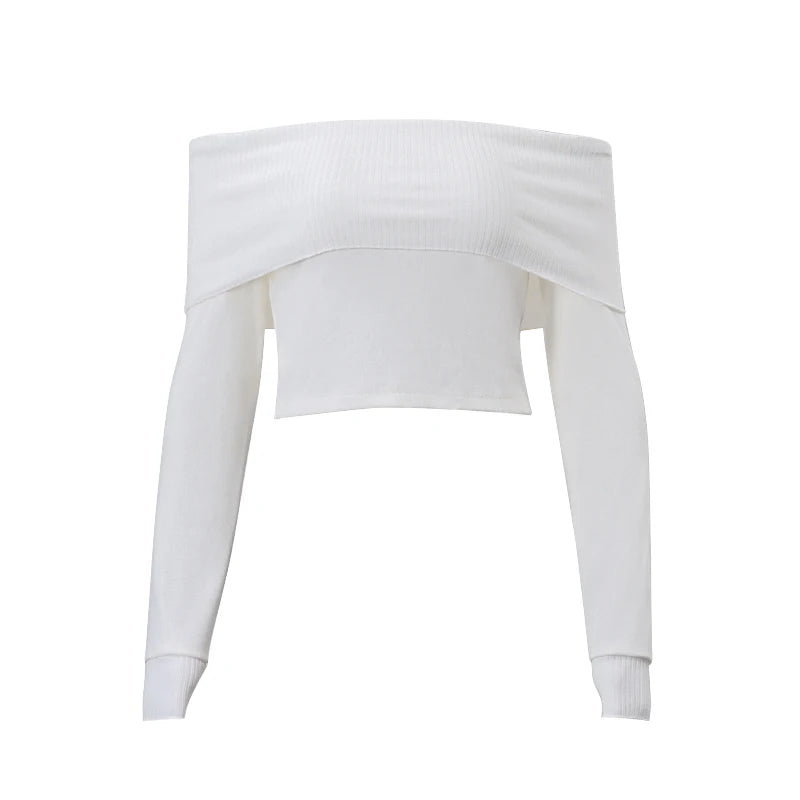 Elegant Slash-Neck Ribbed Solid Crop Tops Autumn Y2K Skinny off Shoulder Long Sleeve Camis French Gentle Tight T-Shirt