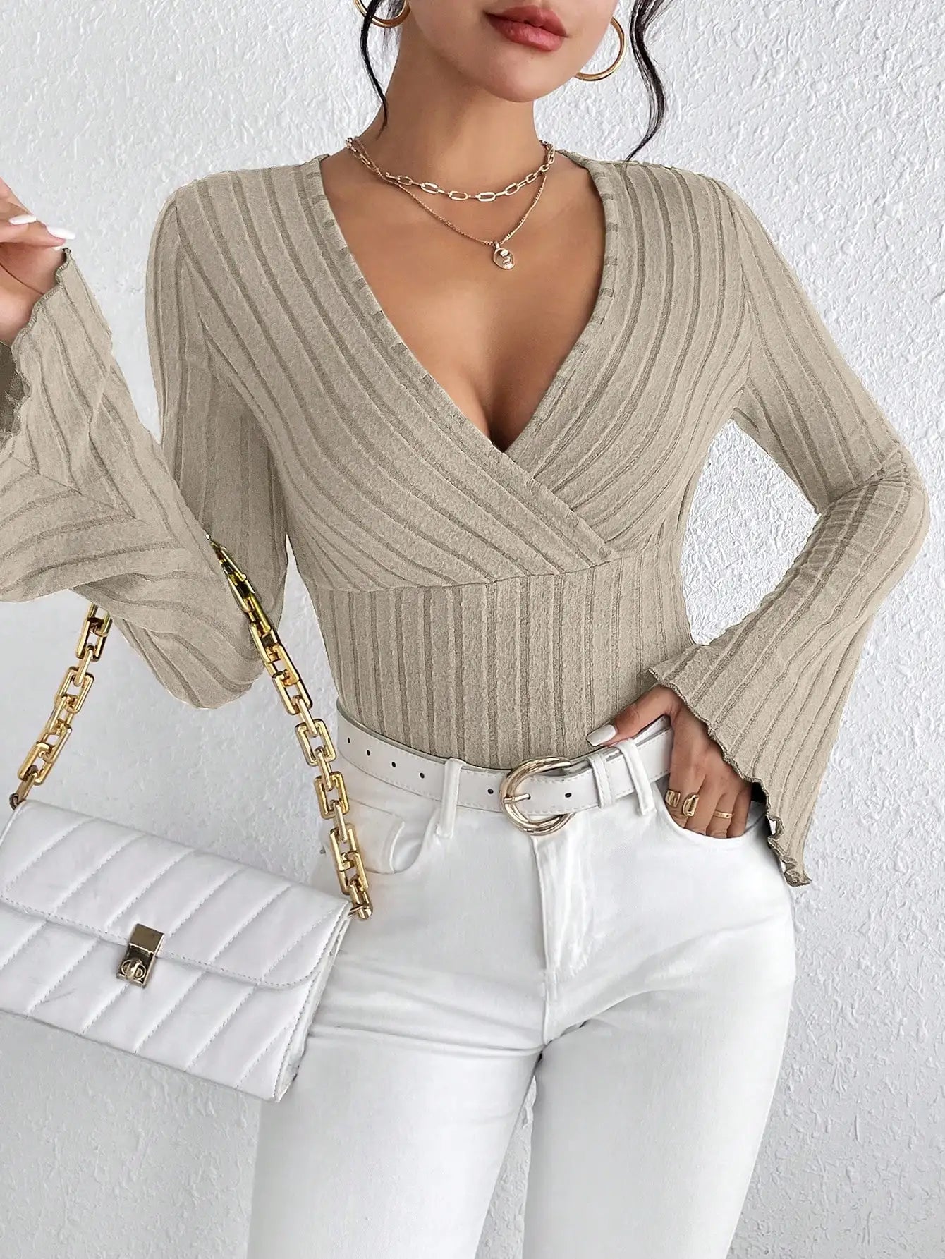 Women'S Fall and Winter Long-Sleeved Tops, V-Neck Sexy Slim Striped Women'S Tops, Long-Sleeved T-Shirt Knitted Bottoming Shirt