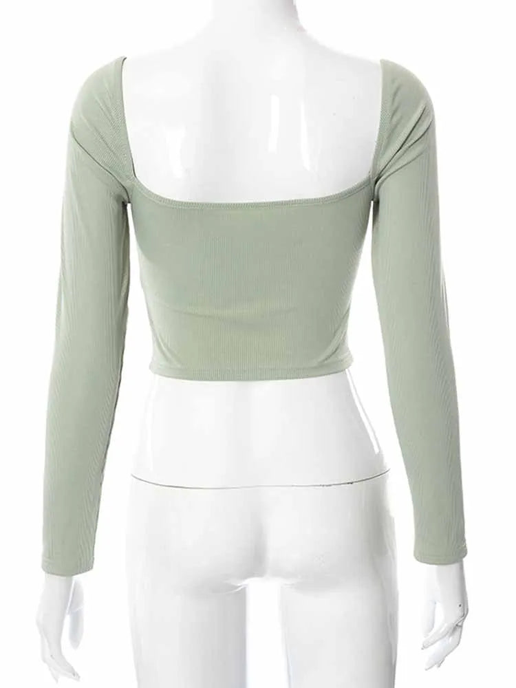 Crop Top Femme à Col V et Manches Longues – Style Casual, Dos Nu, Coupe Slim, Mode Printemps/Automne