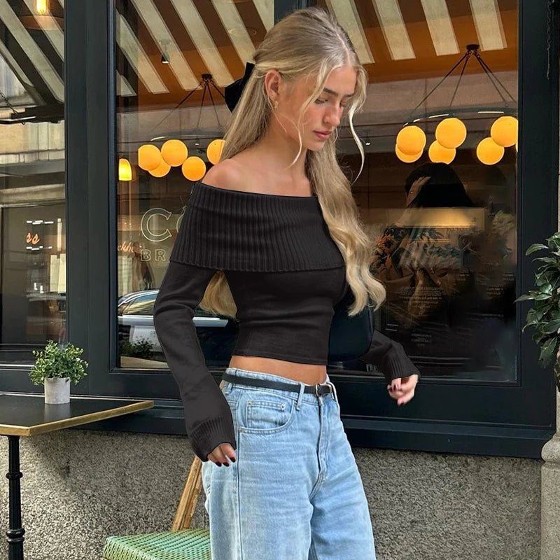 Elegant Slash-Neck Ribbed Solid Crop Tops Autumn Y2K Skinny off Shoulder Long Sleeve Camis French Gentle Tight T-Shirt