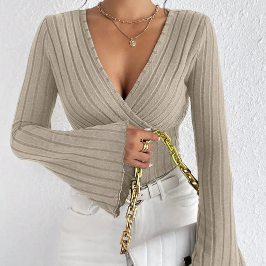 Women'S Fall and Winter Long-Sleeved Tops, V-Neck Sexy Slim Striped Women'S Tops, Long-Sleeved T-Shirt Knitted Bottoming Shirt